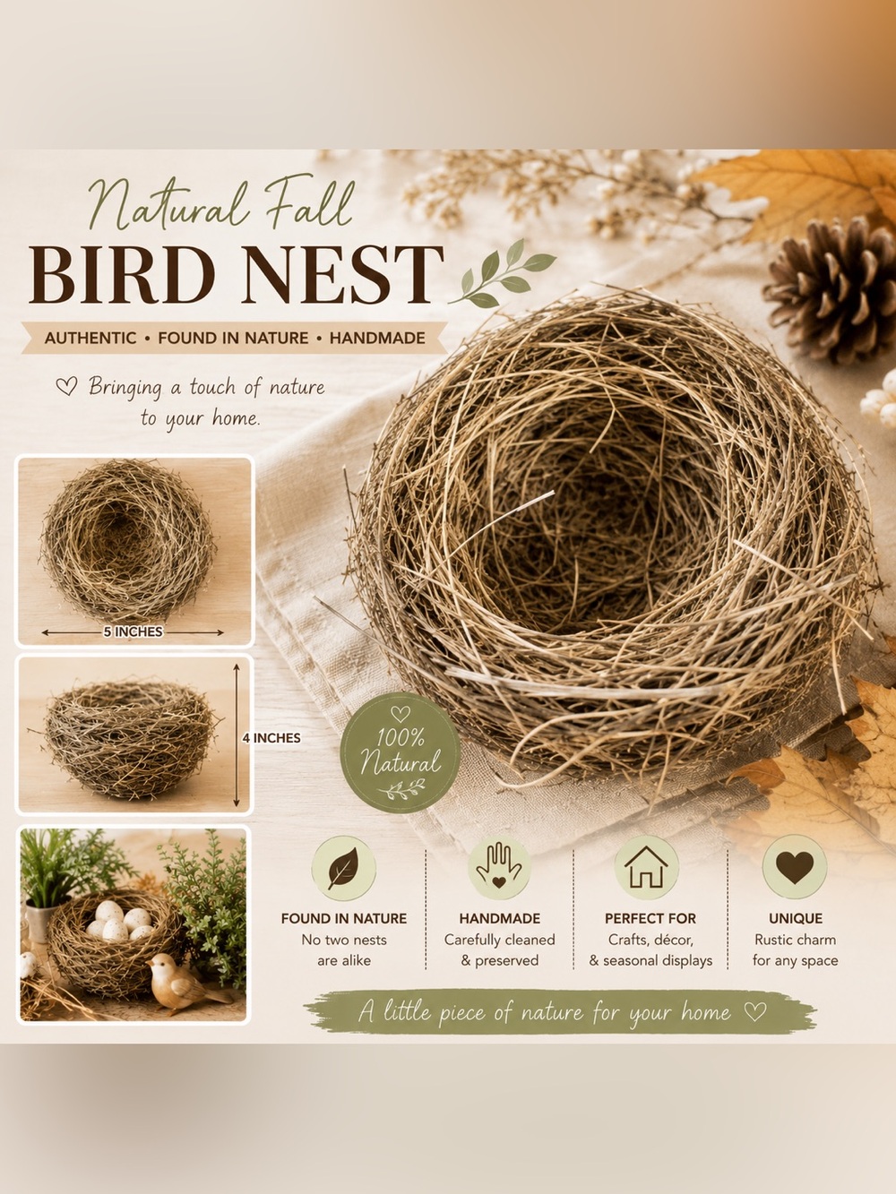 Bird Nest organic material fallen nest “ put a bird on it” natural decoration